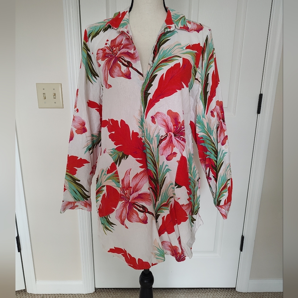 For Cynthia Tropical Floral Orchid Linen Blend Tunic Top Patch Pockets R…